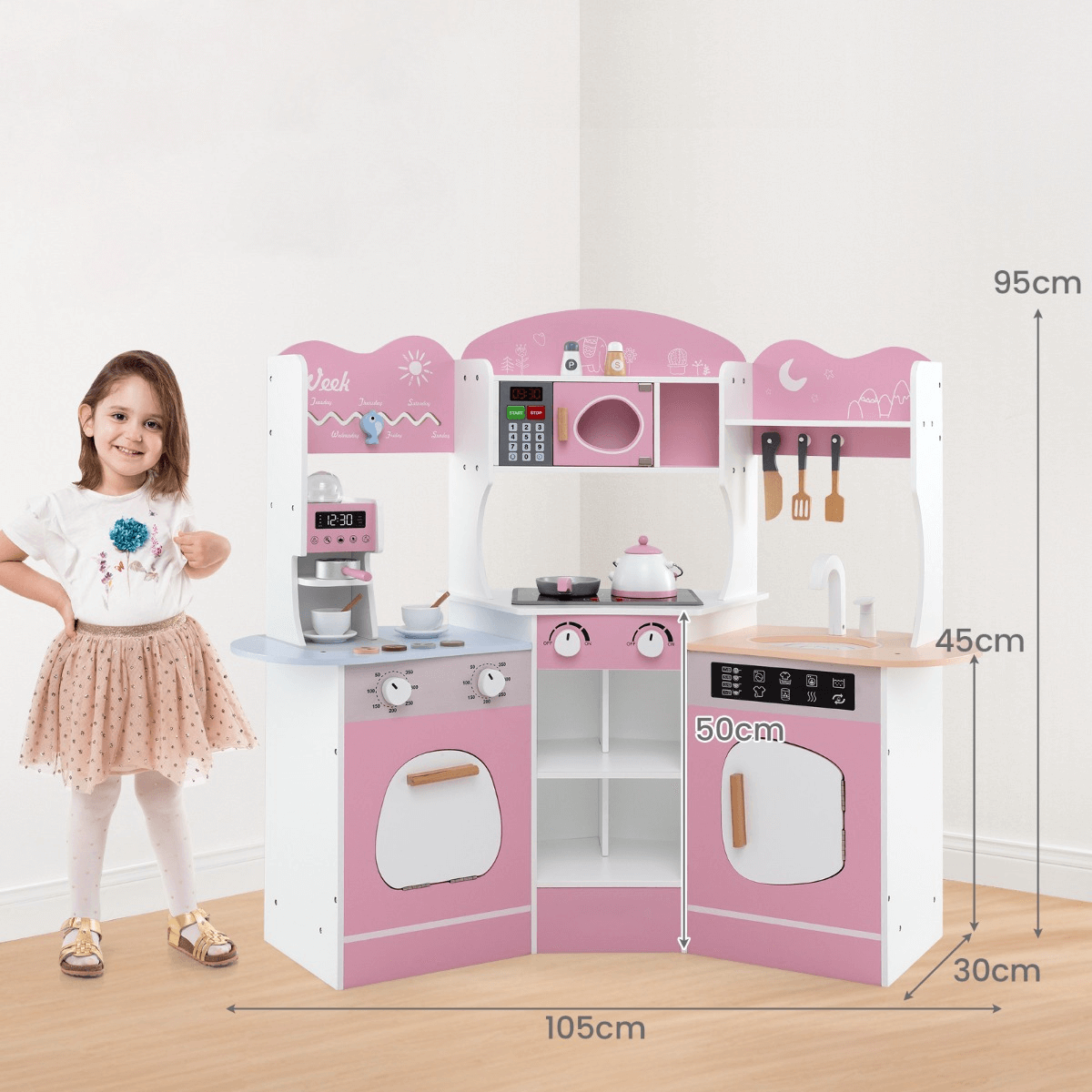 Kampinė Medinė Vaikiška Virtuvėlė Su Daug Priedų, Rožinė Vaikiškos Virtuvėlės