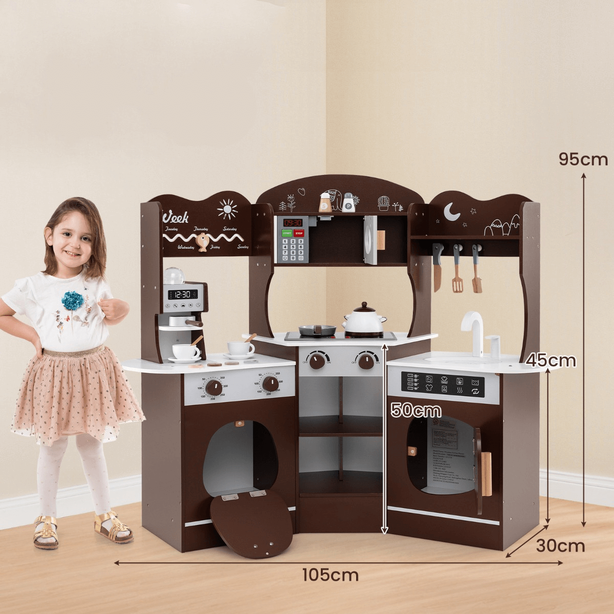 Kampinė Medinė Vaikiška Virtuvėlė Su Daug Priedų, Ruda Vaikiškos Virtuvėlės