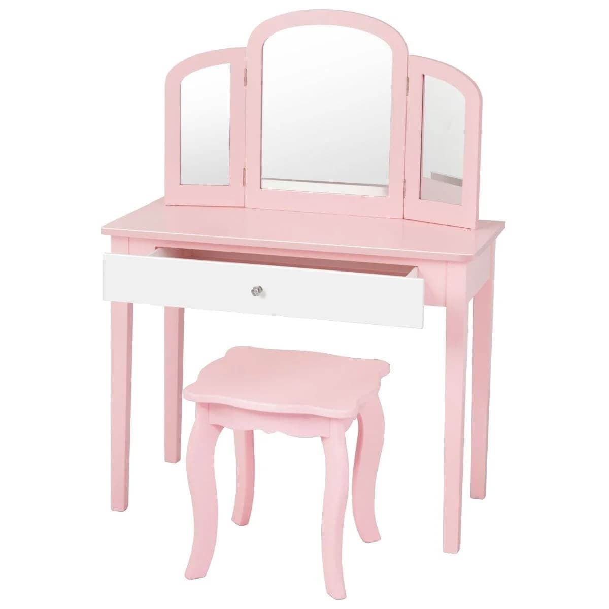 Kosmetinis Tualetinis Staliukas Rožinis Su Veidrodžiu Ir Kėdute 95 × 70 × 34 cm Kosmetinis Staliukas