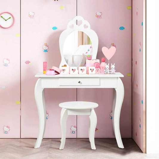 Kosmetinis tualetinis staliukas vaikams su veidrodžiu ir taburete baltos spalvos Tualetinis Staliukas