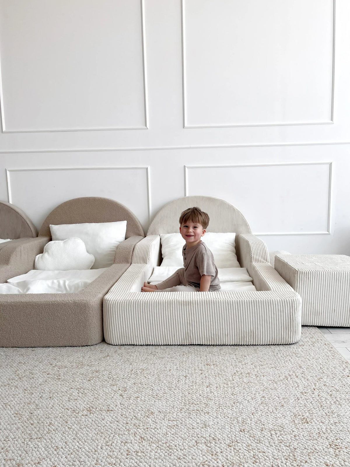 Kreminė Minkšta Bouclé Montessori Vaikiška Lova 70 × 140 cm Lovos Vienvietės