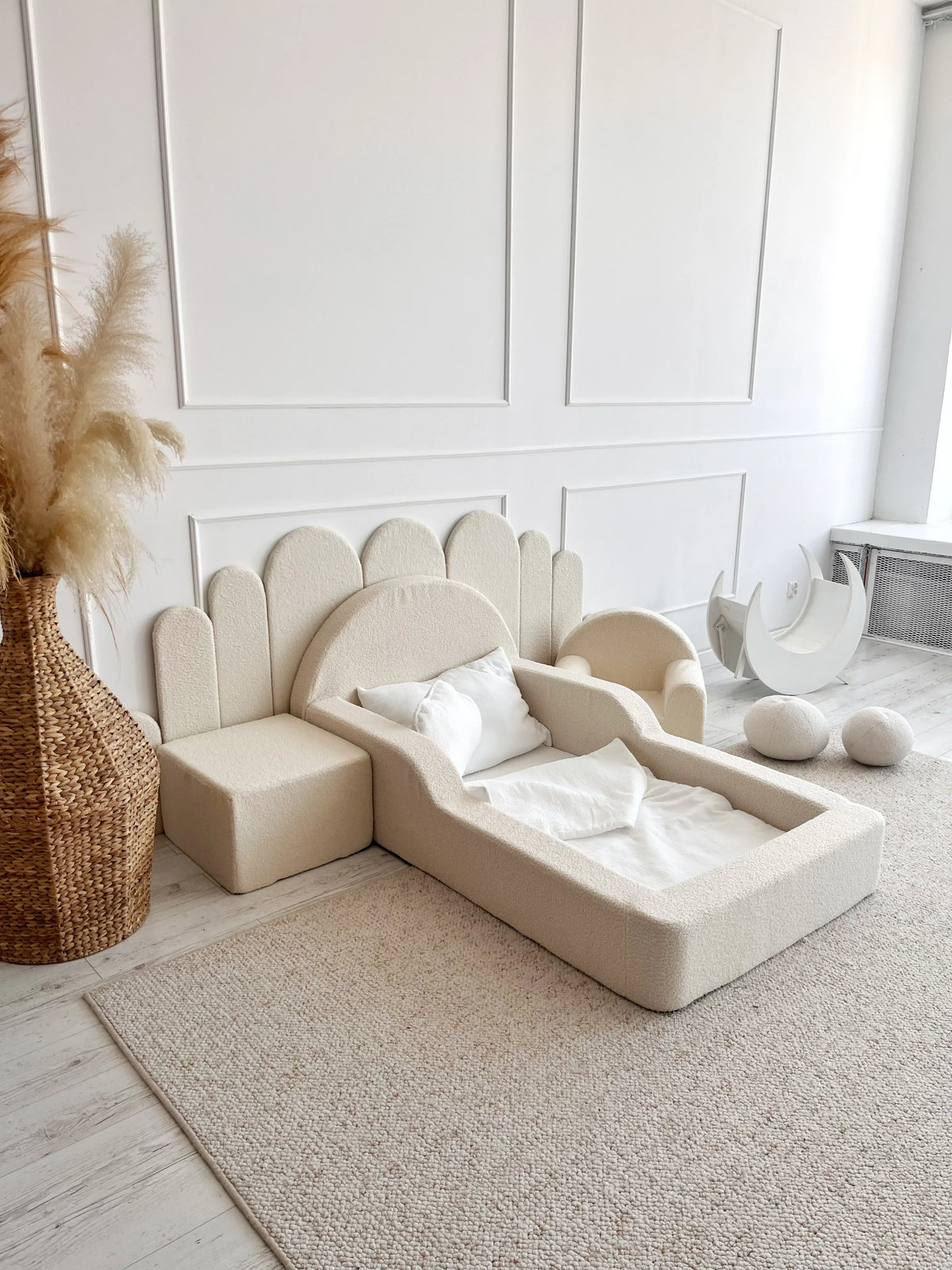 Kreminė Minkšta Bouclé Montessori Vaikiška Lova 70 × 140 cm Lovos Vienvietės