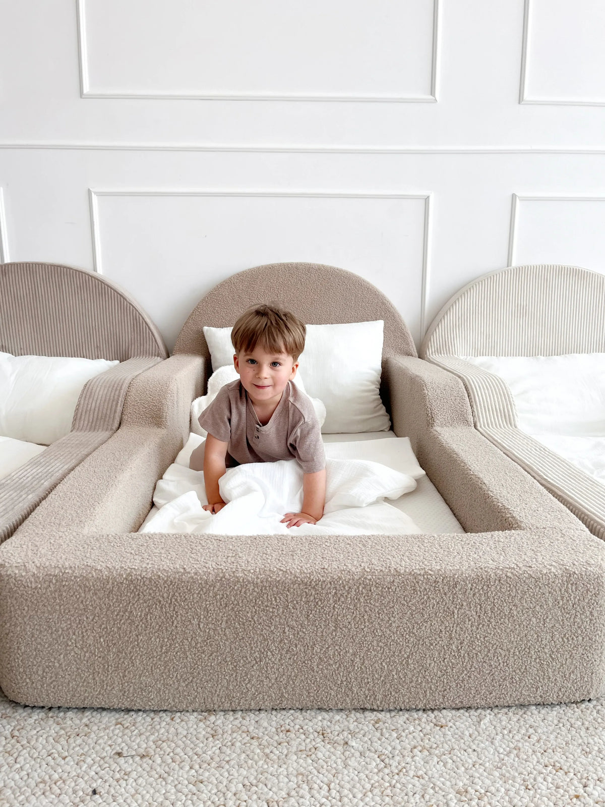 Kreminė Minkšta Bouclé Montessori Vaikiška Lova 70 × 140 cm Lovos Vienvietės