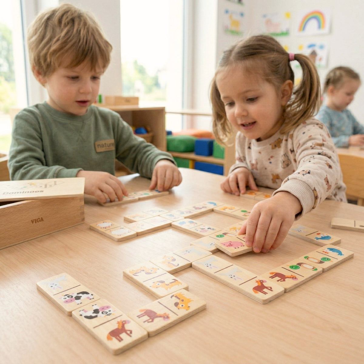 Vaikai žaidžia Viga medinį domino