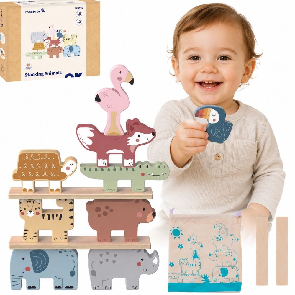 Tooky Toy Medinių Gyvūnų Balansavimo Rinkinys, 13 Dalių – 1 nuotrauka