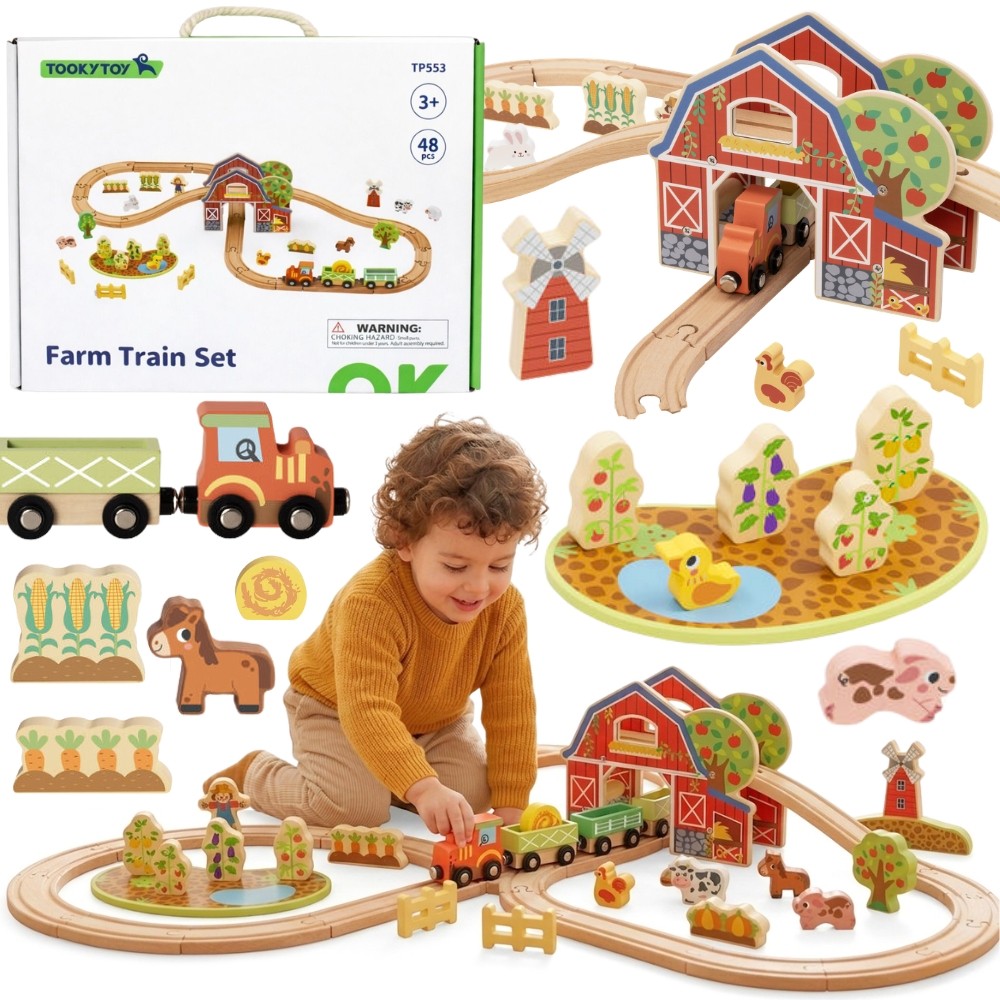 Tooky Toy medinio ūkio ir traukinio rinkinys, 48 dalys – nuotrauka 1