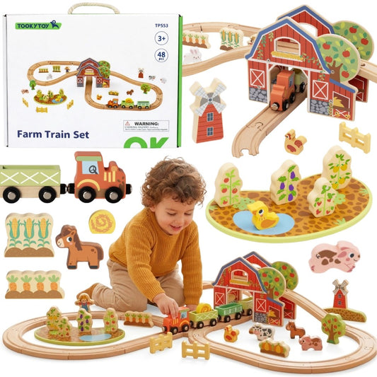 Tooky Toy medinio ūkio ir traukinio rinkinys, 48 dalys – nuotrauka 1
