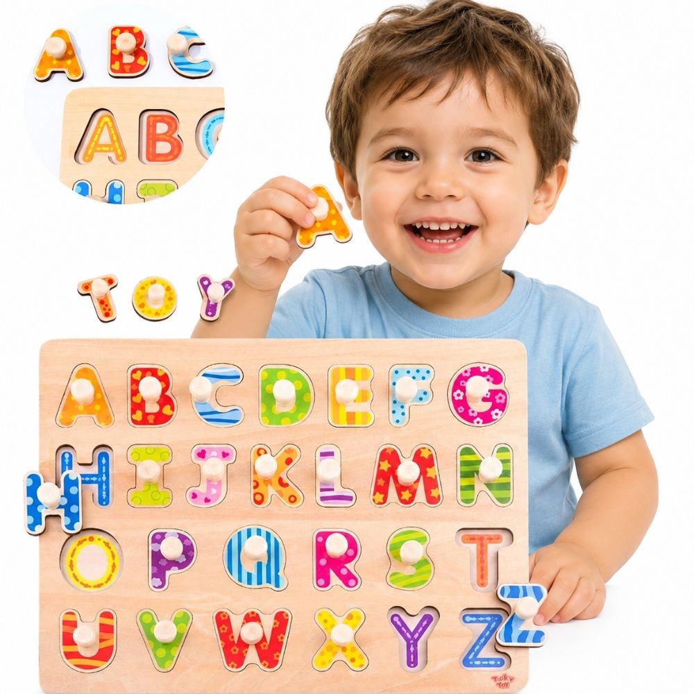 Tooky Toy medinė abėcėlės dėlionė su rankenėlėmis – 1