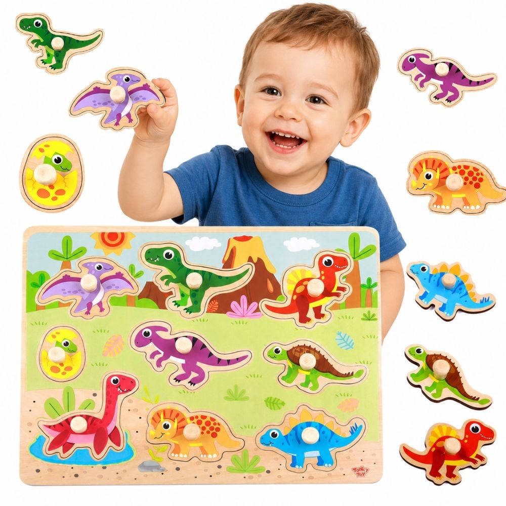 Tooky Toy Medinė Dinozaurų Dėlionė, 10 Dalių – 1 nuotrauka