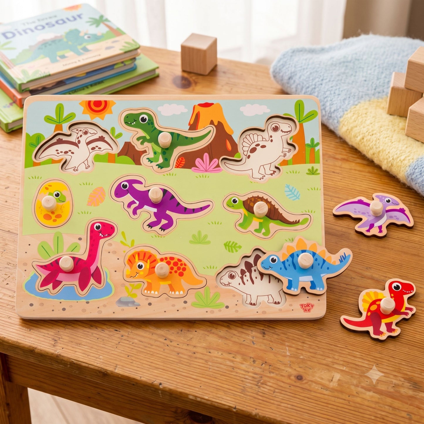 Tooky Toy Medinė Dinozaurų Dėlionė, 10 Dalių – 3 nuotrauka