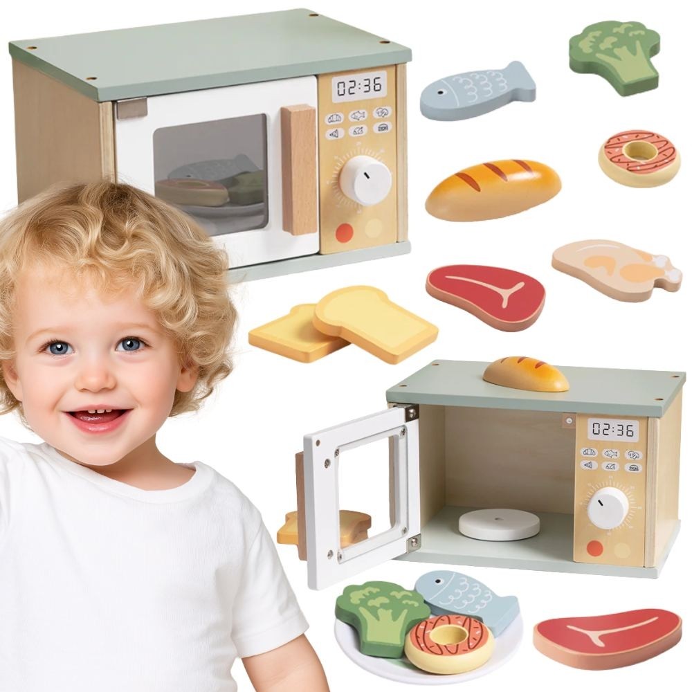 Tooky Toy medinė mikrobangų krosnelė su maisto produktais – 1 nuotrauka