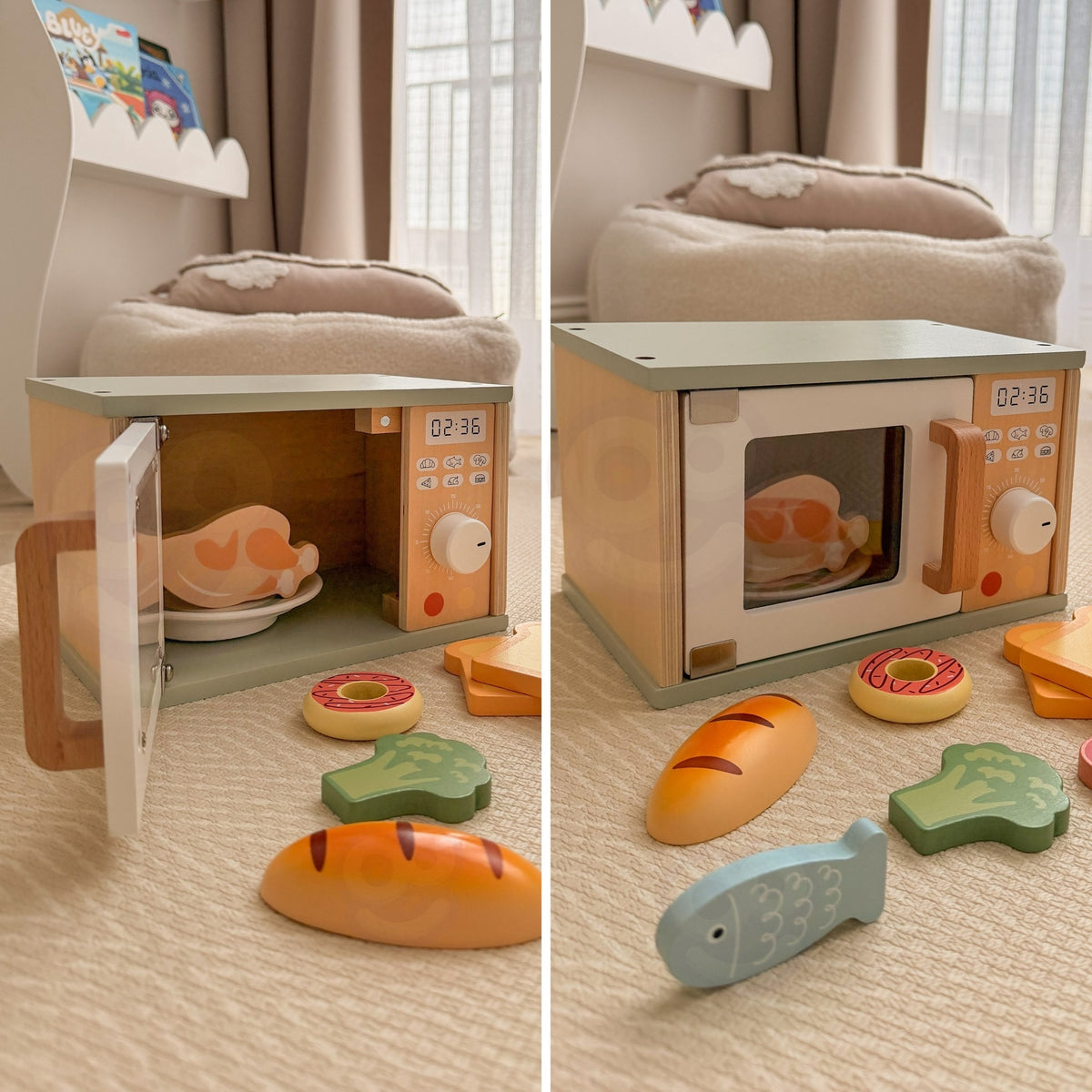 Tooky Toy medinė mikrobangų krosnelė su maisto produktais – 4 nuotrauka