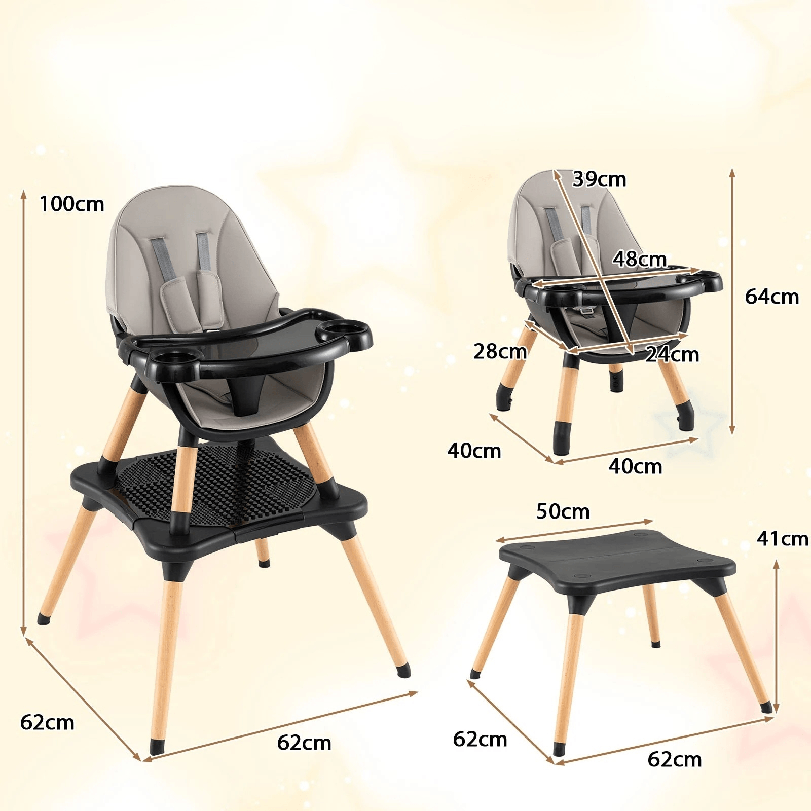 Maitinimo Kėdutė 6in1 Su Kaladėlių Padėklu Ir Dvigubu Padėklu 62 x 62 x 100 cm Maitinimo Kėdutės