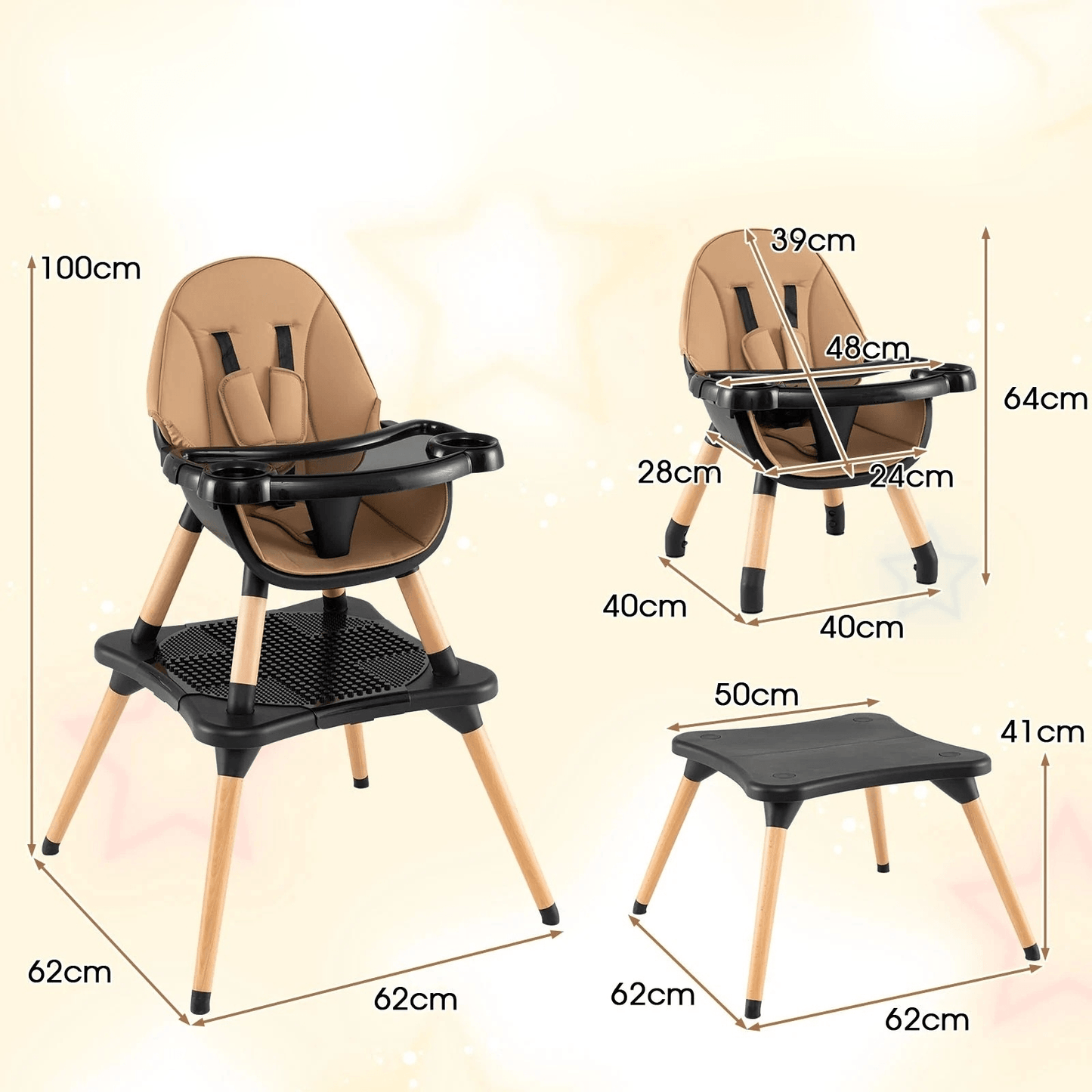Maitinimo Kėdutė 6in1 Su Kaladėlių Padėklu Ir Dvigubu Padėklu 62 x 62 x 100 cm, Ruda Maitinimo Kėdutės