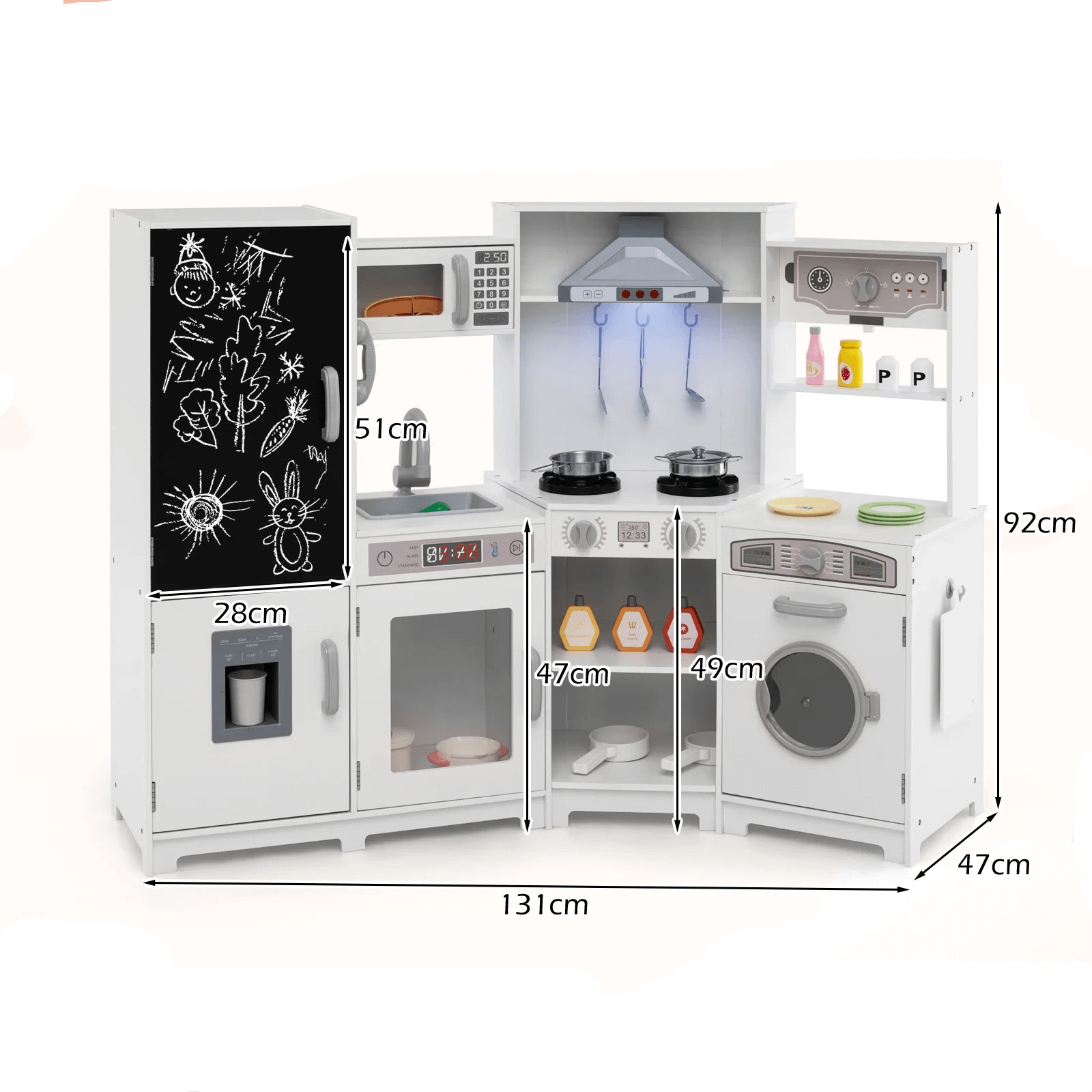 Medinė Kampinė Vaikiška Virtuvėlė Su Priedais Ir Šviesomis, Balta Vaikiškos Virtuvėlės