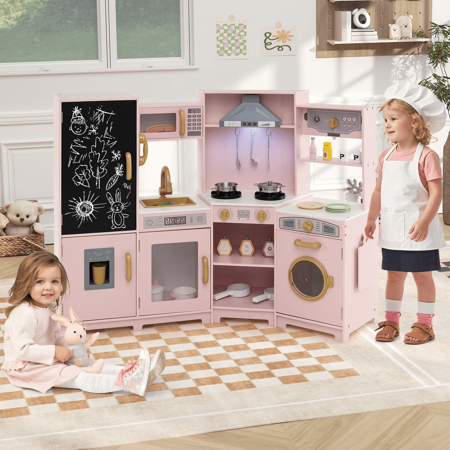 Medinė Kampinė Vaikiška Virtuvėlė Su Priedais Ir Šviesomis, Rožinė Vaikiškos Virtuvėlės