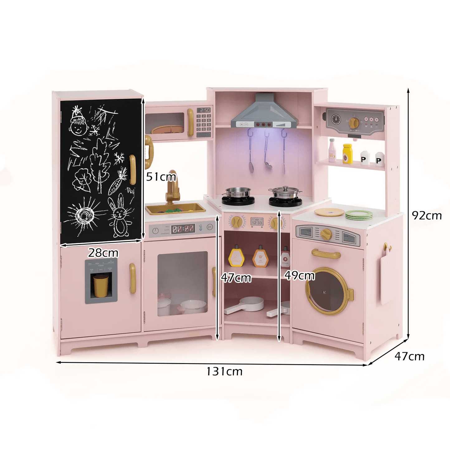 Medinė Kampinė Vaikiška Virtuvėlė Su Priedais Ir Šviesomis, Rožinė Vaikiškos Virtuvėlės