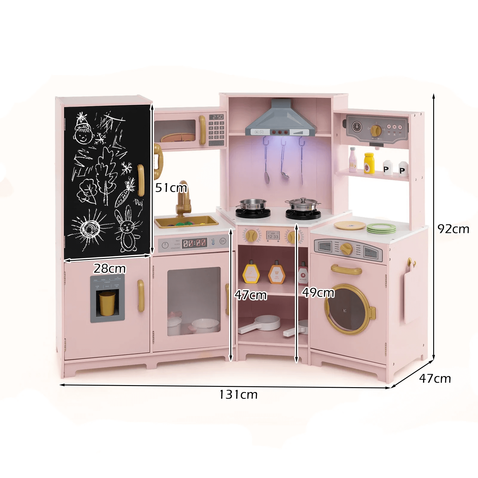 Medinė Kampinė Vaikiška Virtuvėlė Su Priedais Ir Šviesomis, Rožinė Vaikiškos Virtuvėlės