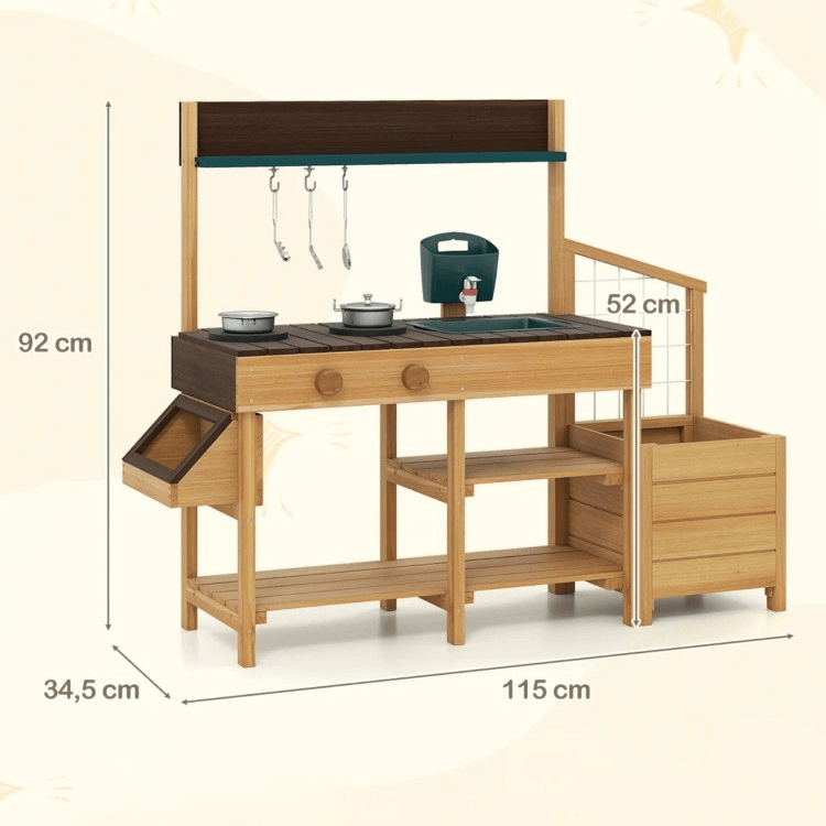 Medinė Lauko Virtuvė Vaikams Su Kriaukle Ir Mini Darželiu Vaikiškos lauko virtuvėlės