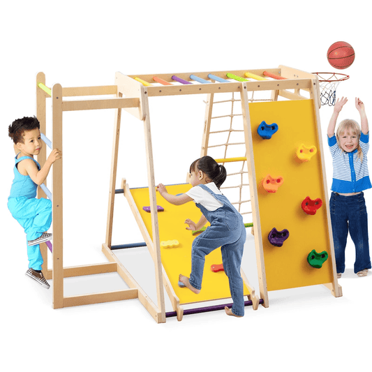 Medinė Montessori Vaikų Žaidimų Aikštelė 6in1 Su Čiuožykla Ir Krepšinio Lanku Sūpynės ir Žaidimų Aikštelės