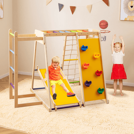 Medinė Montessori Vaikų Žaidimų Aikštelė 6in1 Su Čiuožykla Ir Krepšinio Lanku Sūpynės ir Žaidimų Aikštelės