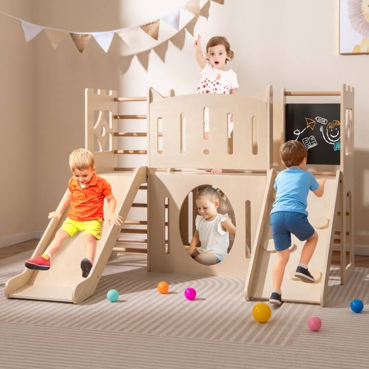 Medinė Montessori Žaidimų Aikštelė Vaikams su Čiuožykla 8in1, 142 × 125 × 100 cm Sūpynės ir Žaidimų Aikštelės