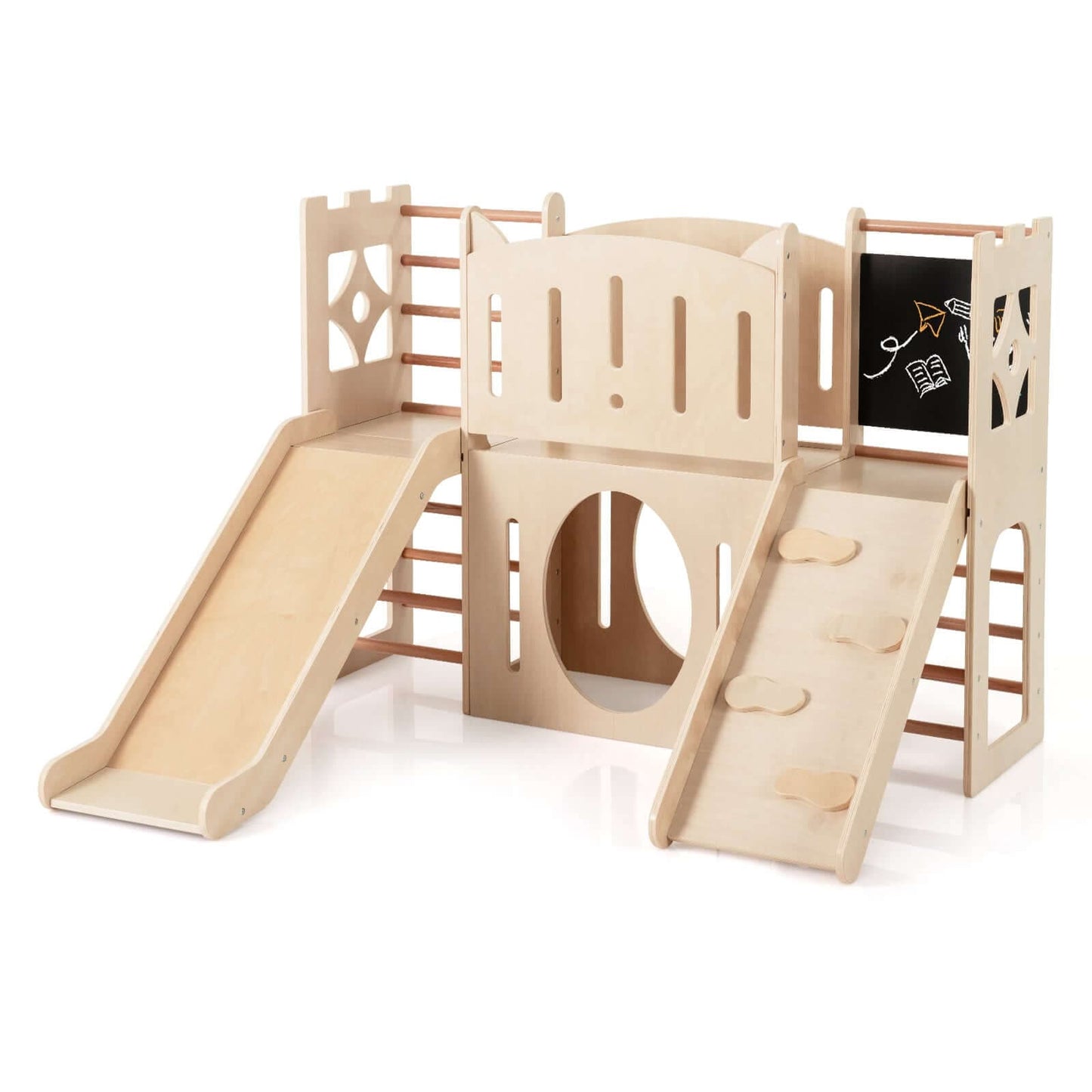 Medinė Montessori Žaidimų Aikštelė Vaikams su Čiuožykla 8in1, 142 × 125 × 100 cm Sūpynės ir Žaidimų Aikštelės