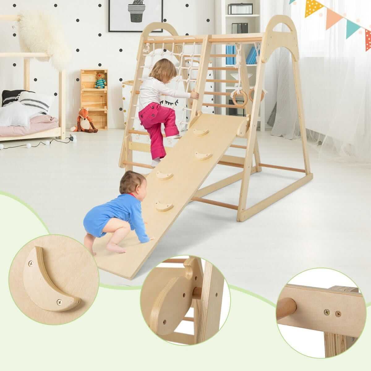 Medinė Montessori Žaidimų Aikštelė Vaikams Su Palapine Čiuožykla Tinklu Gimnastikos Žiedais Sūpynės ir Žaidimų Aikštelės