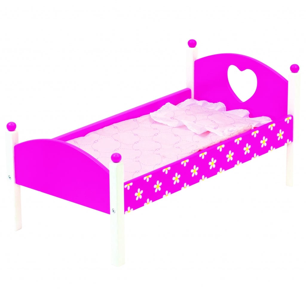 Medinė rožinė lėlės lovytė su patalyne
