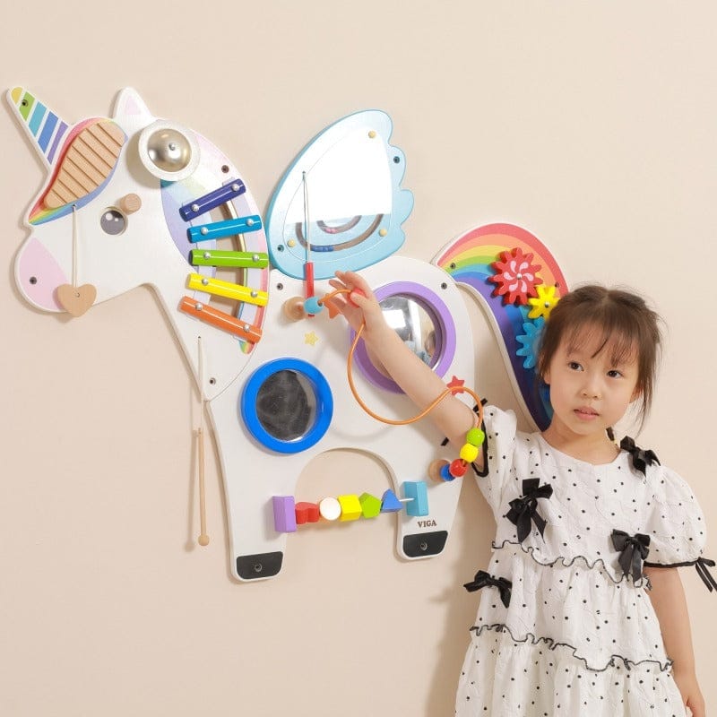 Medinė Sieninė Vienaragio Veiklos Lenta Su Edukaciniais Elementais Montessori Veiklos Lentos