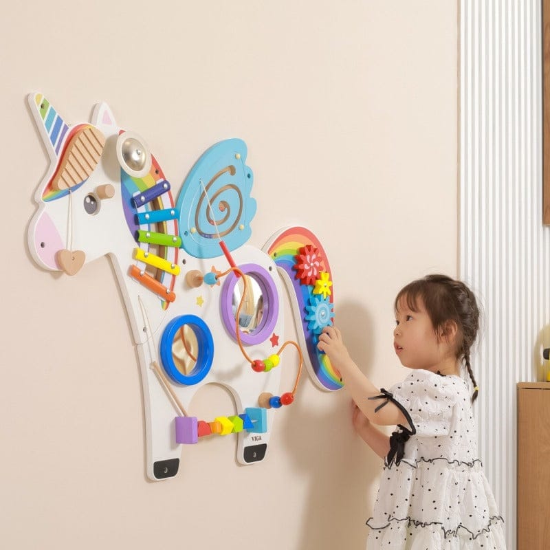 Medinė Sieninė Vienaragio Veiklos Lenta Su Edukaciniais Elementais Montessori Veiklos Lentos