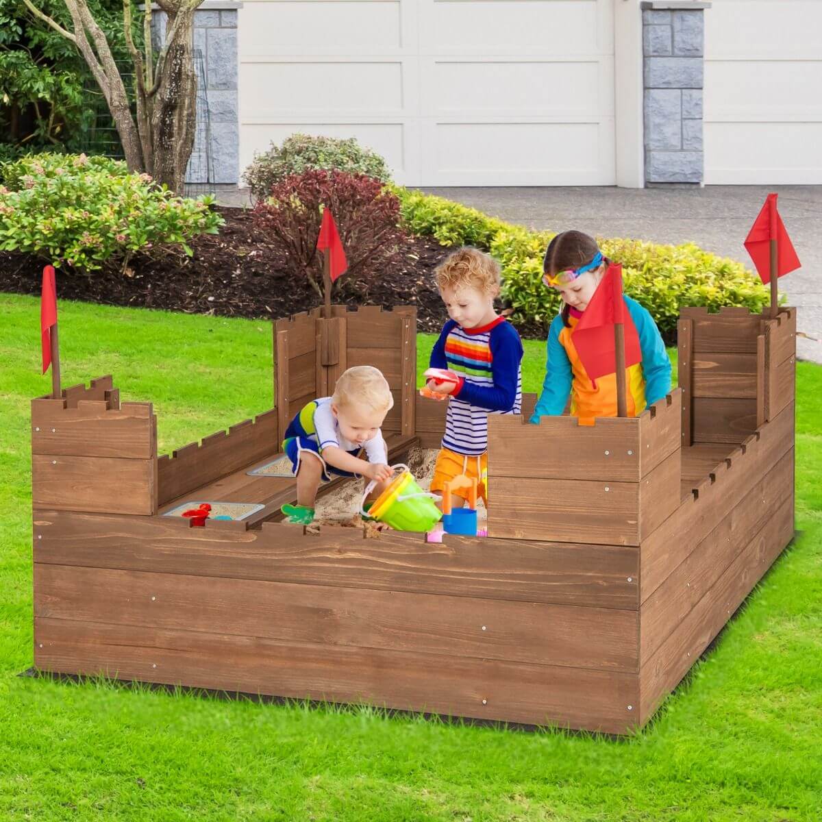 Medinė Smėlio Dėžė Vaikams Pilis Su Suolais ir Daiktadėžėmis 116 × 113 × 75 cm Smėlio Dėžės