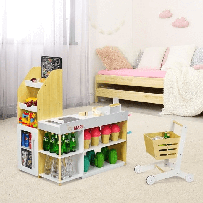 Medinė Vaikiška Parduotuvė Su Kasos Aparatu Ir Pirkinių Vežimėliu Vaikiškos Virtuvėlės
