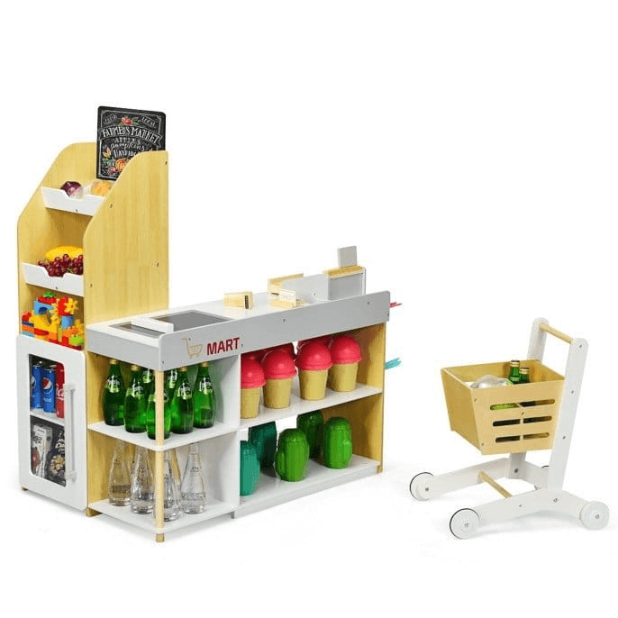 Medinė Vaikiška Parduotuvė Su Kasos Aparatu Ir Pirkinių Vežimėliu Vaikiškos Virtuvėlės