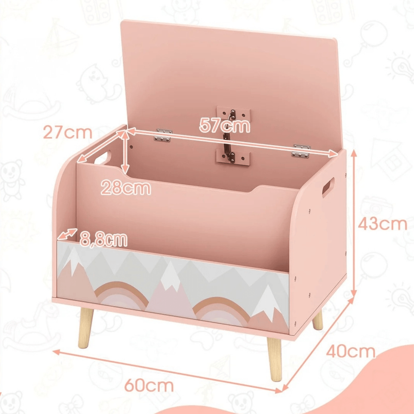 Medinė Vaikiška Žaislų Dėžė Skrynia su Knygų Lentyna 2in1 Rožinė Žaislų Dėžės Ir Lentynos