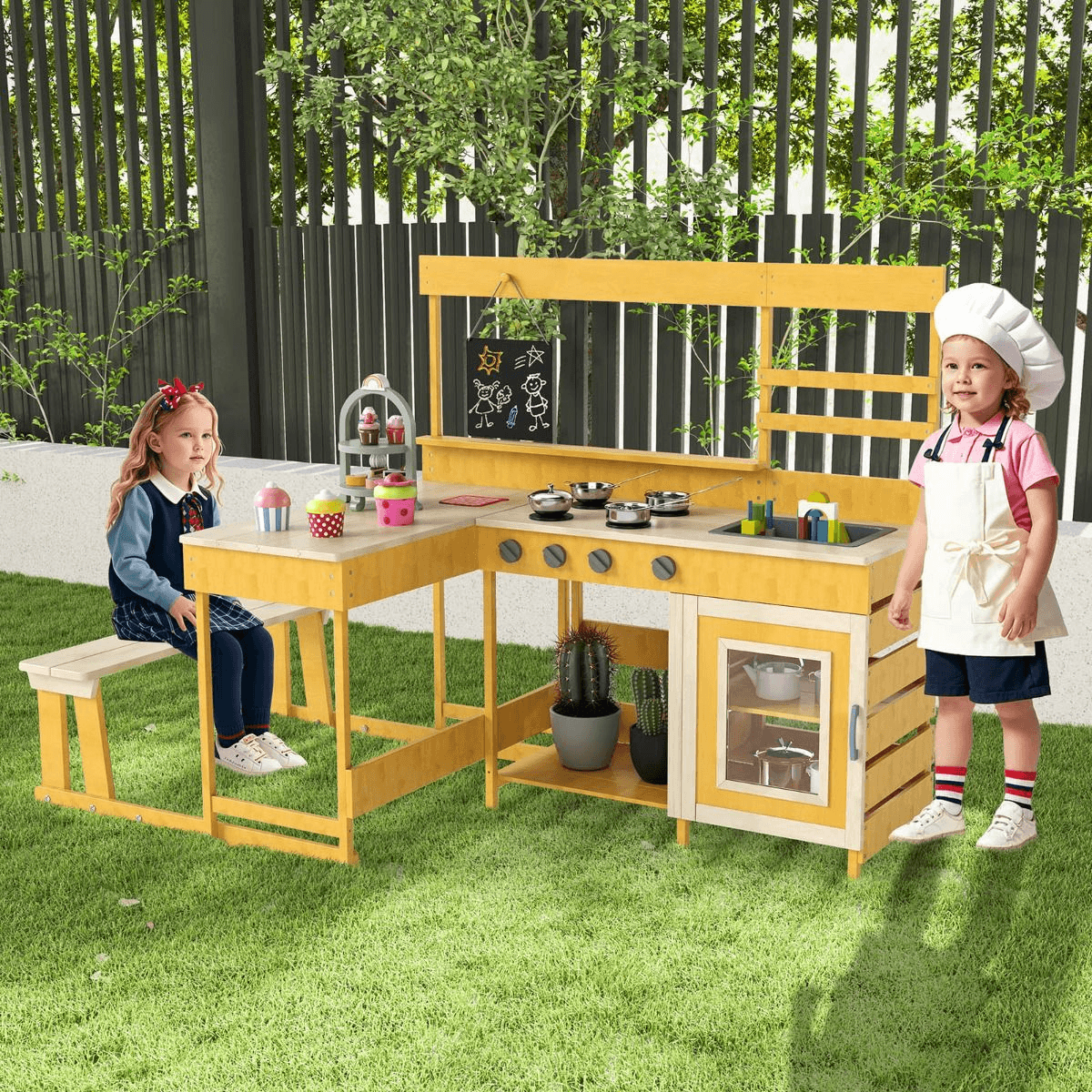 Medinė Vaikų Virtuvė Su Pikniko Stalu Ir Suolu 150 x 71 x 98 cm Vaikiškos lauko virtuvėlės
