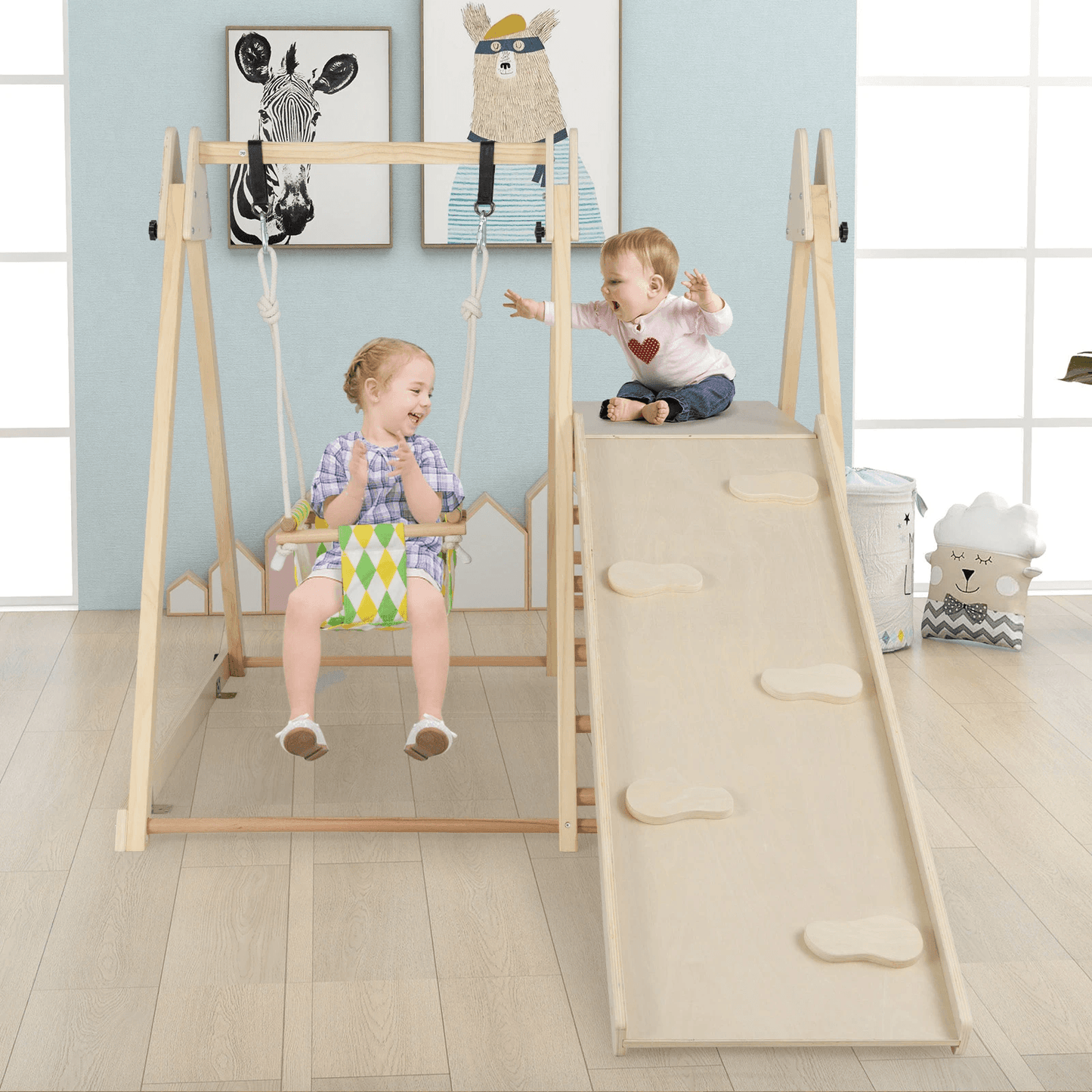 Medinė Vaikų Žaidimų Aikštelė 4in1 su Sūpynėmis ir Laipiojimo Siena Sūpynės ir Žaidimų Aikštelės