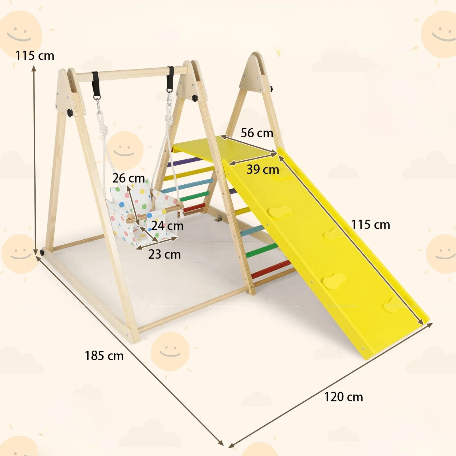 Medinė Vaikų Žaidimų Aikštelė 4in1 su Sūpynėmis ir Laipiojimo Siena, Spalvota Sūpynės ir Žaidimų Aikštelės