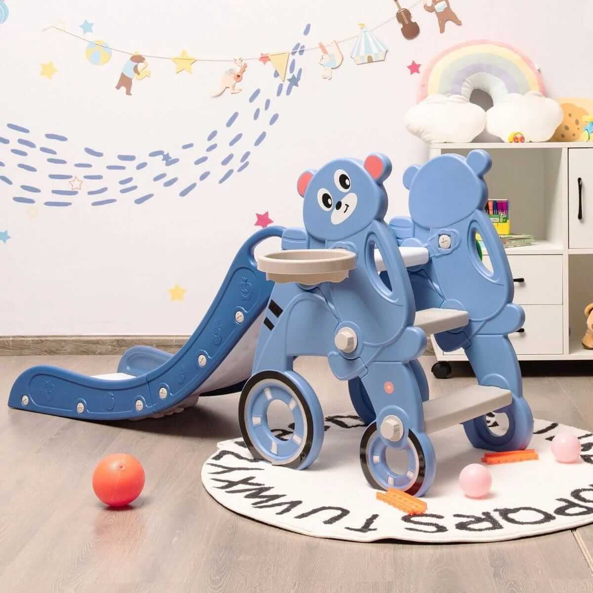 Mėlyna Čiuožykla Su Mėtymo Kamuoliu Ir Krepšinio Lanku 151 x 76 x 72 cm Sūpynės ir Žaidimų Aikštelės