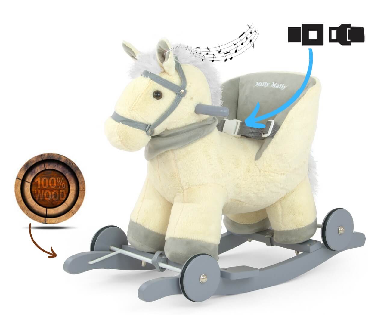 Milly Mally Pliušinis Supamasis Arkliukas Polly Su Ratukais – 61 cm, Beige Supamieji Arkliukai