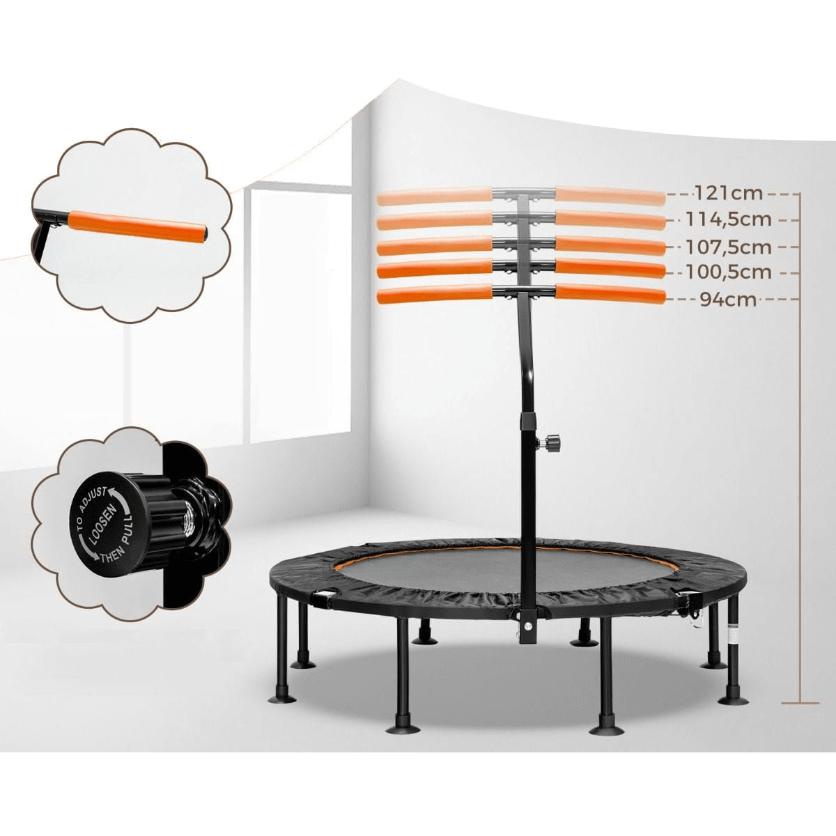 Mini Sulankstomas Batutas Su Rankena Vaikams Ir Suaugusiems 117 cm, Oranžinė Batutai