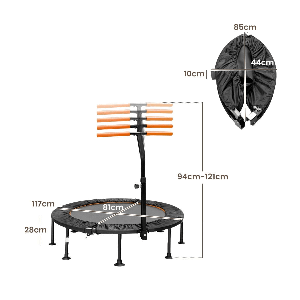 Mini Sulankstomas Batutas Su Rankena Vaikams Ir Suaugusiems 117 cm, Oranžinė Batutai