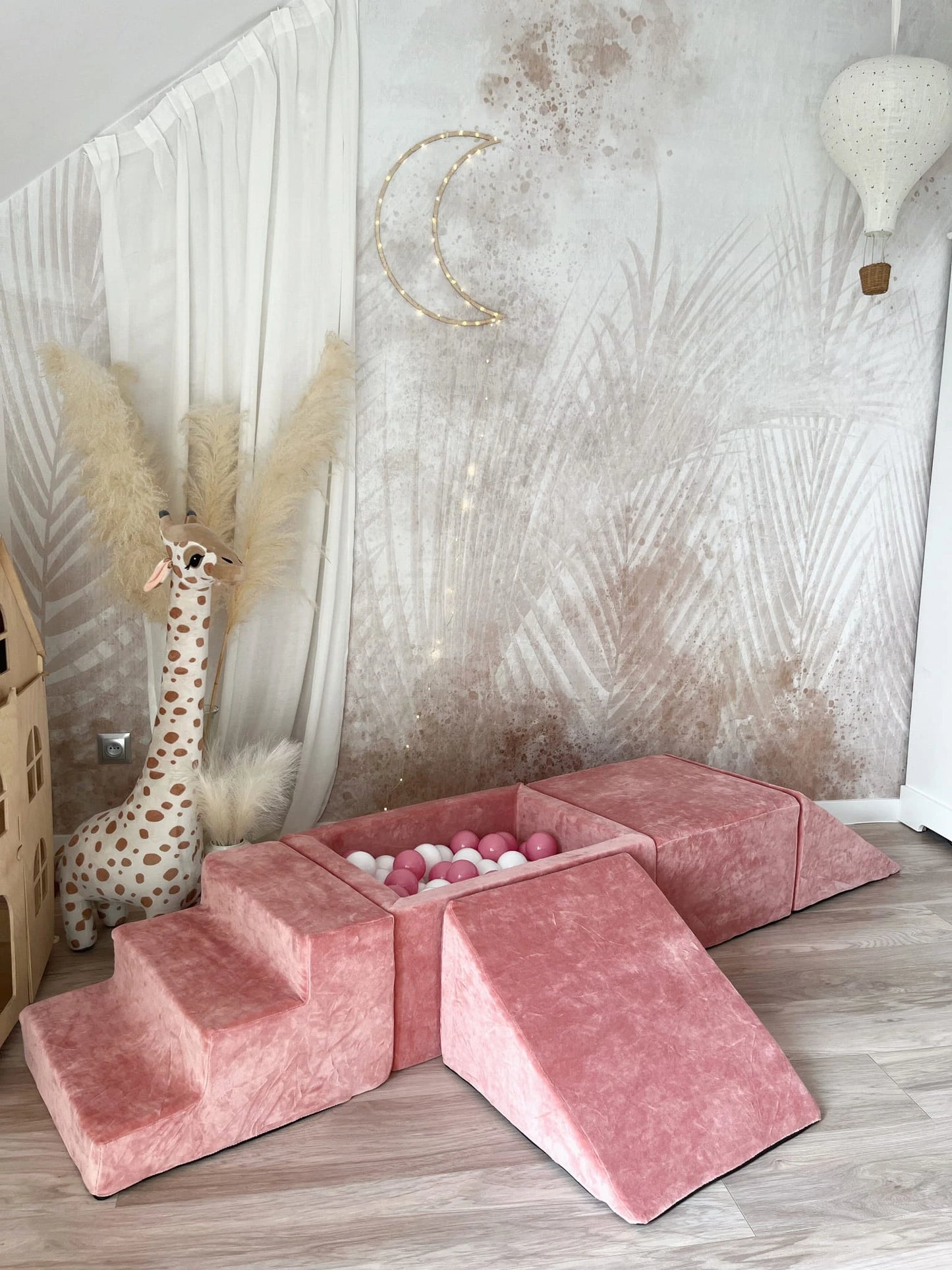 Minkšta 5 dalių Velvet žaidimų aikštelė su kamuoliukų baseinu – dulsva rožinė, nuotrauka 6