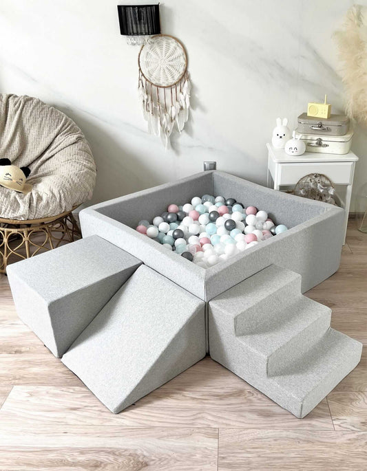 Minkšta Žaidimų Aikštelė "Kvadratas" 4 Dalys + 400 Kamuoliukų Pilka Spalva Minkštos Žaidimų Aikštelės