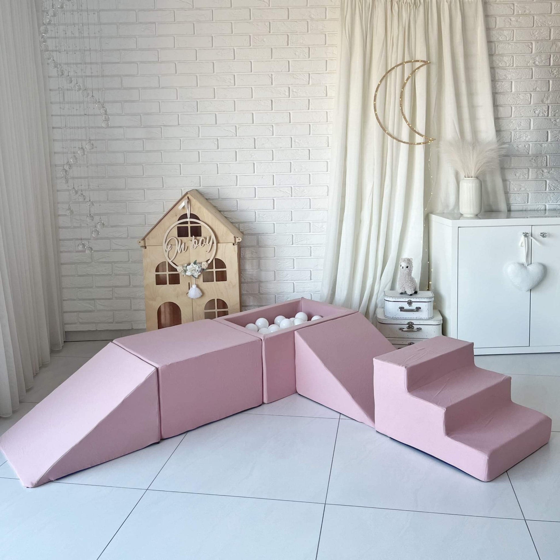 Minkšta Žaidimų Aikštelė Su Mini Kamuoliukų Baseinu Rožinė Spalva 5 Dalys + 100 Kamuoliukų Minkštos Žaidimų Aikštelės