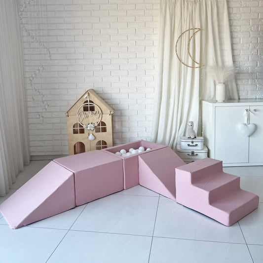 Minkšta Žaidimų Aikštelė Su Mini Kamuoliukų Baseinu Rožinė Spalva 5 Dalys + 100 Kamuoliukų Minkštos Žaidimų Aikštelės