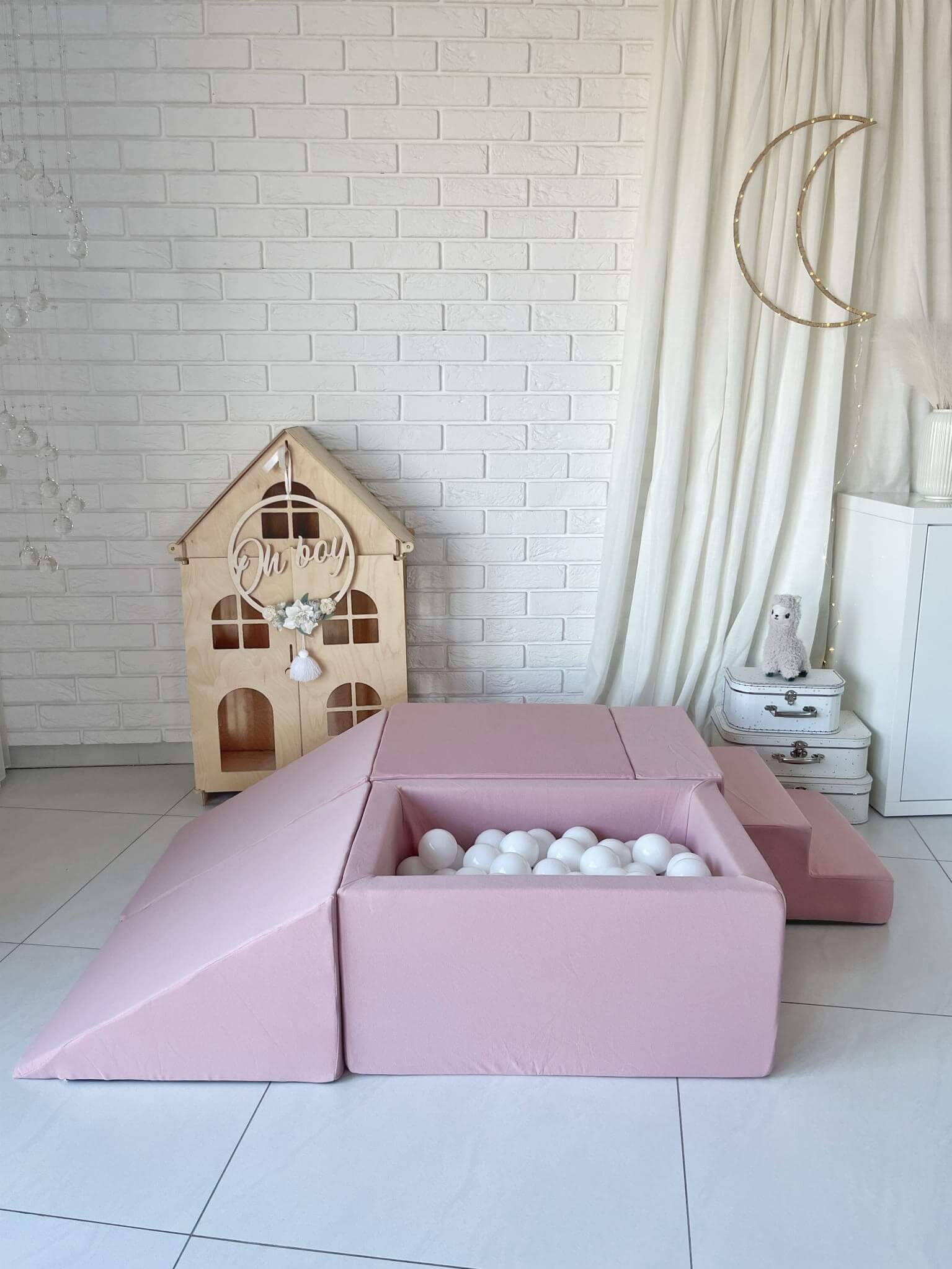 Minkšta Žaidimų Aikštelė Su Mini Kamuoliukų Baseinu Rožinė Spalva 5 Dalys + 100 Kamuoliukų Minkštos Žaidimų Aikštelės
