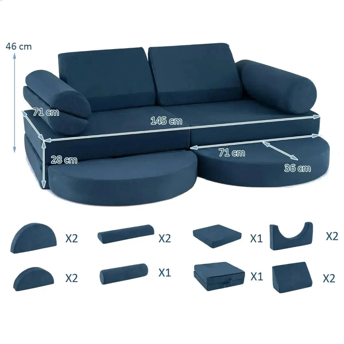 Modulinė Vaikiška Sofa Žaidimams Ir Statyboms 14 Dalių, Navy Mėlyna Modulinės sofos