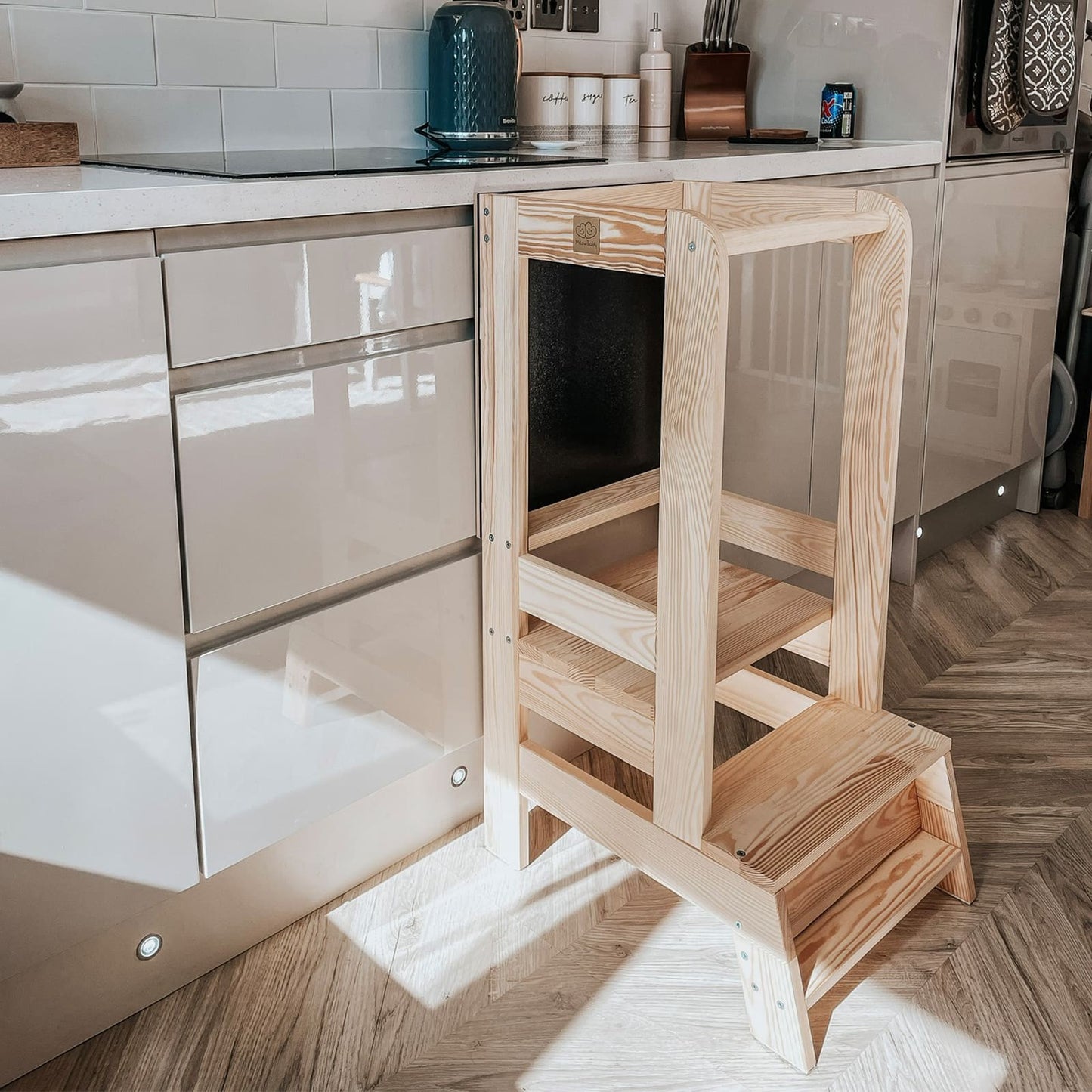 MeowBaby Montessori virtuvės bokštelis – natūrali, su piešimo lenta, vaizdas 6