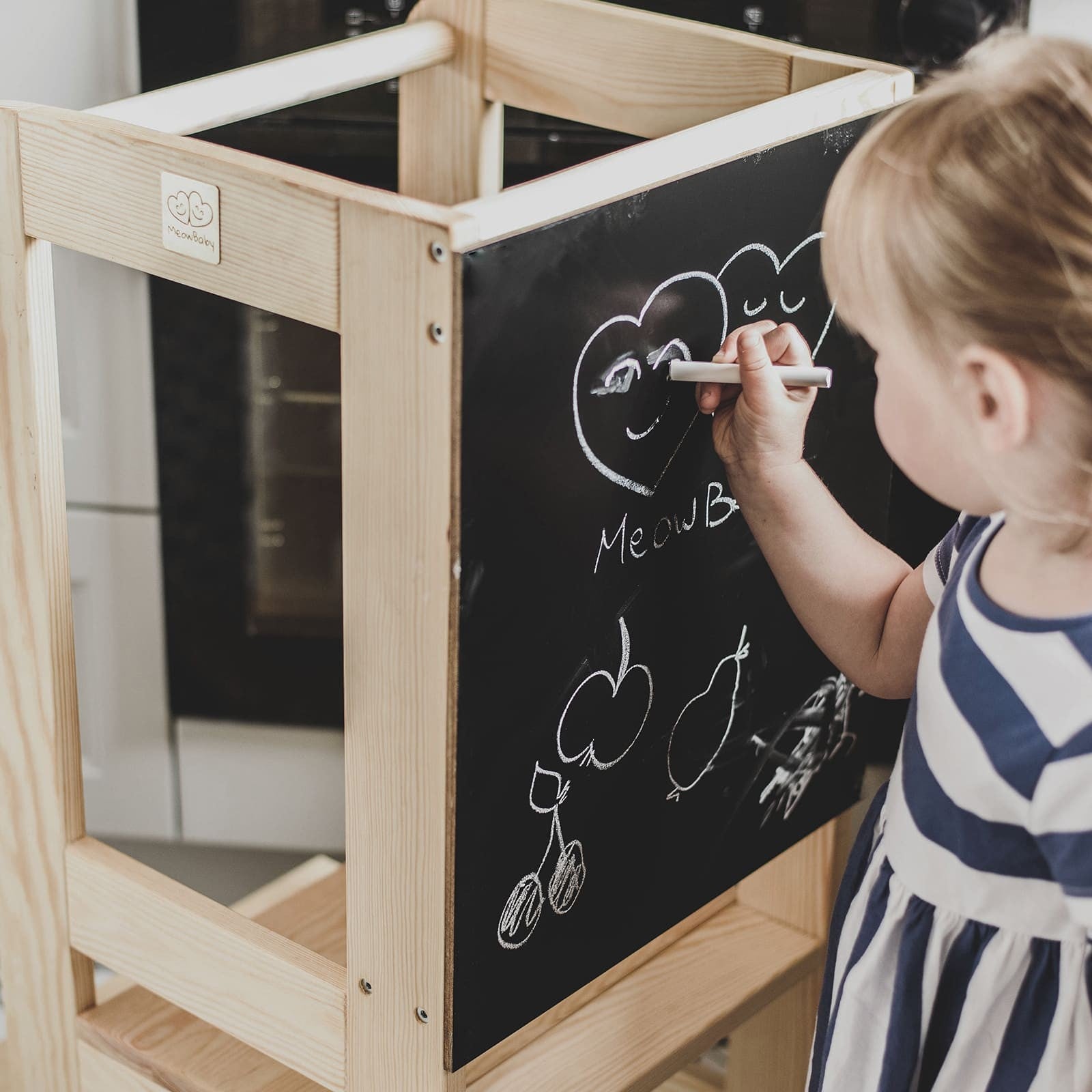 MeowBaby Montessori virtuvės bokštelis – natūrali, su piešimo lenta, vaizdas 7